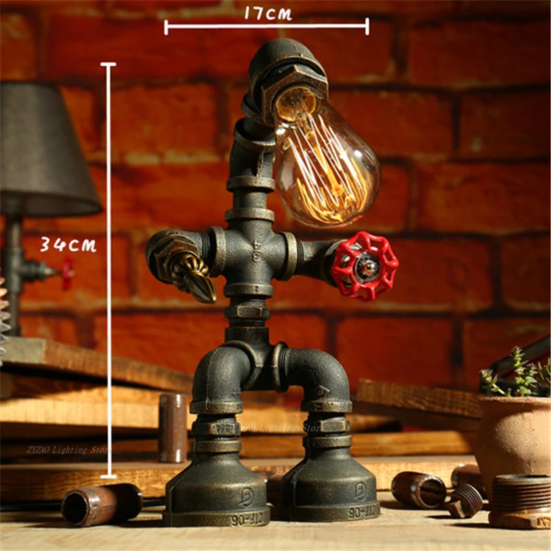 

Creative Iron Tube Edison Led Table Light Fixtures Industry Loft Vintage Decor Lamp Coffee Bar Water Pipe Robot Retro Table Lamp