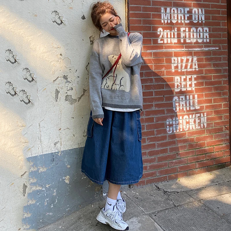 

New Autumn Sweater Women Cartoon Bear Sweater Fashion Color Matching Sweater Loose Round Neck Knitted Sweater Casual Sweater