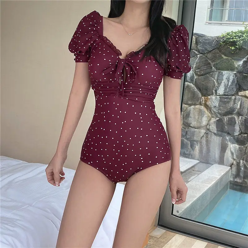 

Korean New Swimsuit Women 's Sexy Polka Dot Small Chest Push up Student Conservative Slim Fit Slimming One - Piece Beach Dress