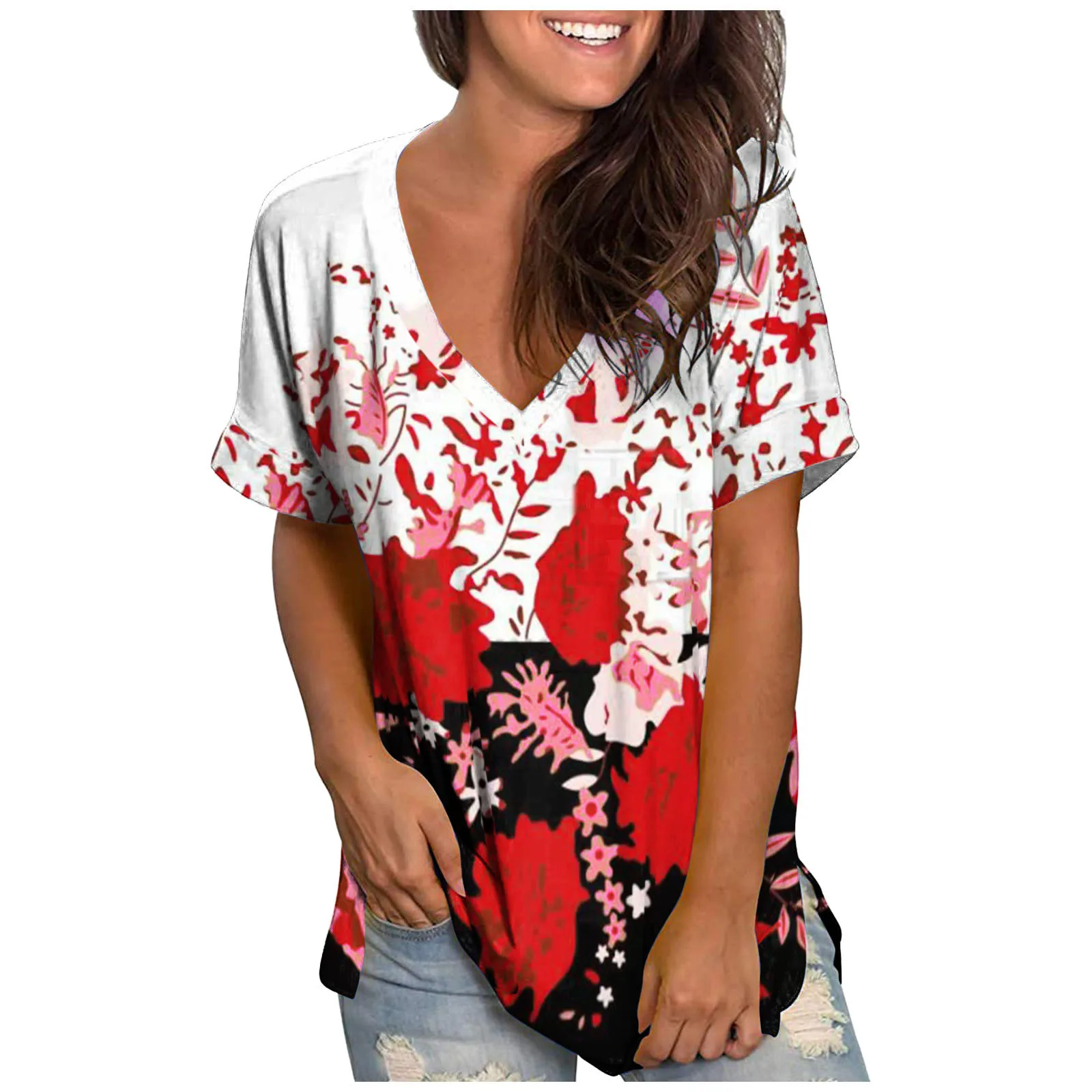 

Fashion Summer Blouse Shirt V-Neck Short Sleeve Butterfly Print Blouses Casual Tunic Shirts Female Tops Pocket Tops Blouses