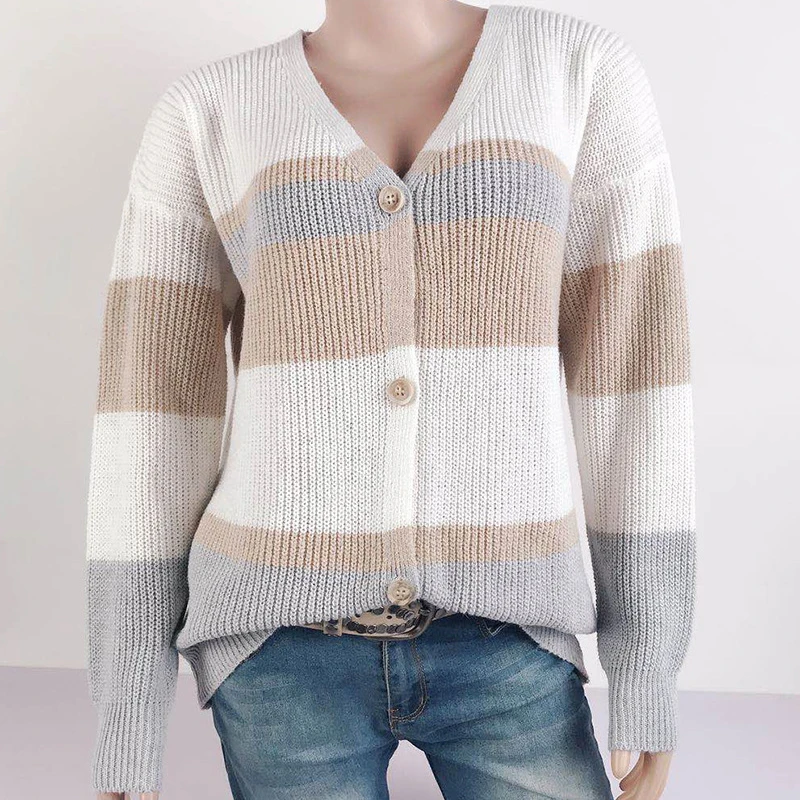 

Color-blocking Sweater 2021 Spring Autumn New V-neck Button Stripe Stitching Cardigan Sweater Women's Tops Fahion Clothes