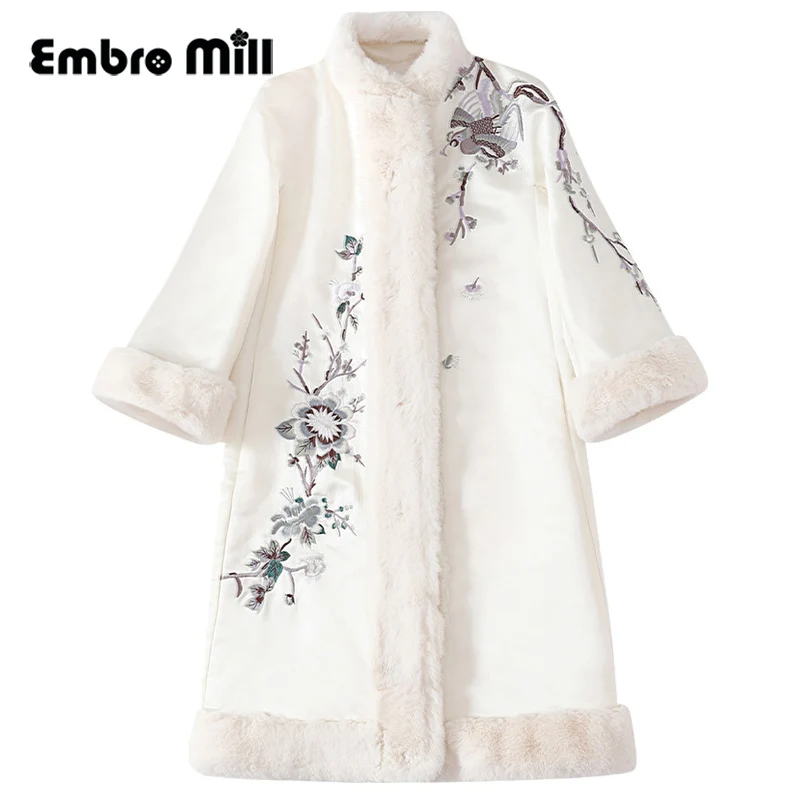 

Новинка Осень-зима, женский китайский костюм Тан, пальто, теплое изысканное хлопковое пальто средней длины с вышивкой и рукавом три четверт...