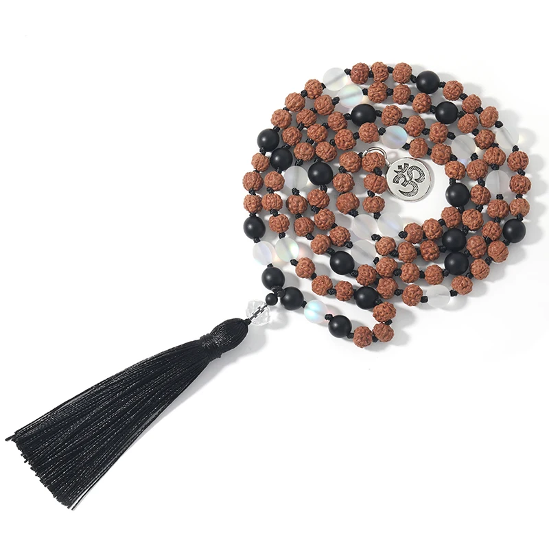 

108 Natural Rudraksha Mala Beads Meditation Tassel Japamala Necklace for Women Yoga Pendant With Black Tassel
