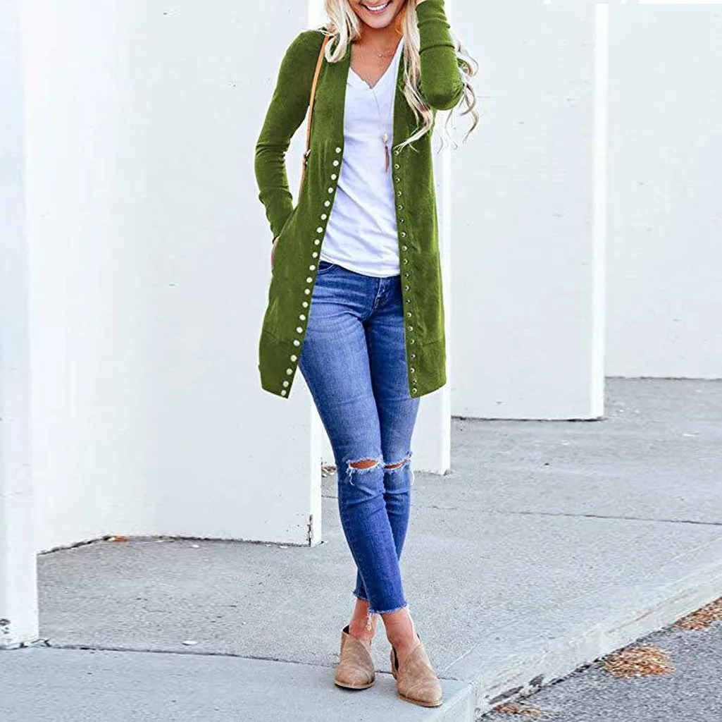 Женский однотонный кардиган на пуговицах с длинным рукавом Свободный вязаный