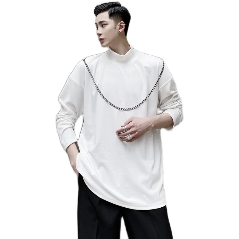 

New Male Streetwear Fashion Hip Hop Harajuku Tees Tops T Shirt Men's Long Sleeve Iron Chain Turtleneck Loose Tops T-shirts