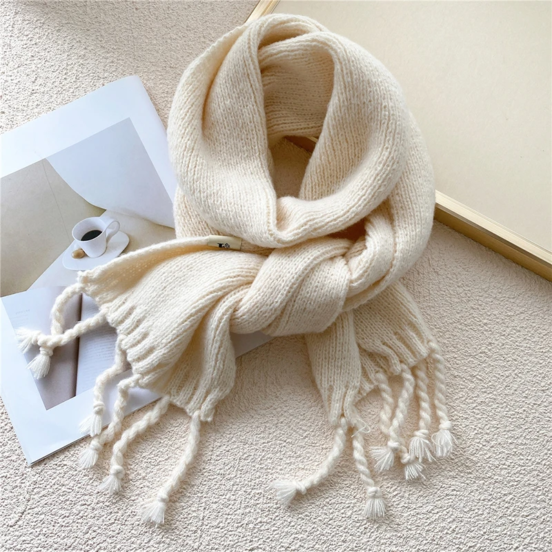 

2021 Autumn Winter Warm Scarf Women Knitted Tassel Shawls Knitted Scarf Solid Female Thicken Long Scarves 10 Color Scarves
