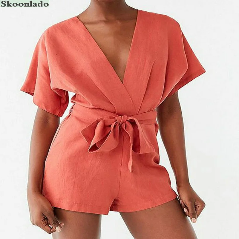 

Women's V-neck Solid Color Pure Cotton Girdle Belt Belt Fashion Casual Series Sexy One-piece Shorts