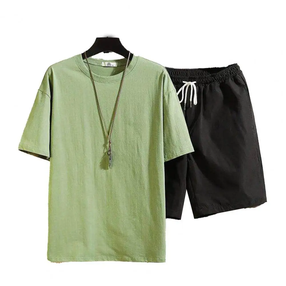 

Men Sportswear Solid Drawstring Summer Round Neck Short Sleeve T-shirt Shorts Set Summer Office Tee Shirts Streetwear Plus Size