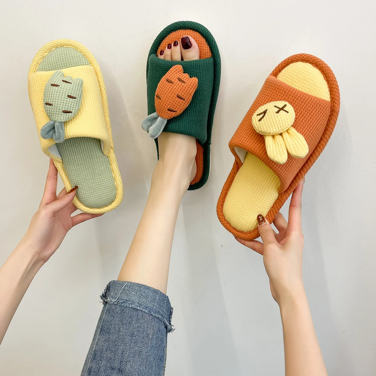 

Linen cotton slippers 2021 new home parent-child cartoon radish rabbit cute girls' indoor slippers