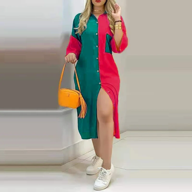 

Women Vintage Turn Down Collar Patchwork Mid-Length Dress Spring Slim Printed Split Party Dress Casual Button Streetwear Female