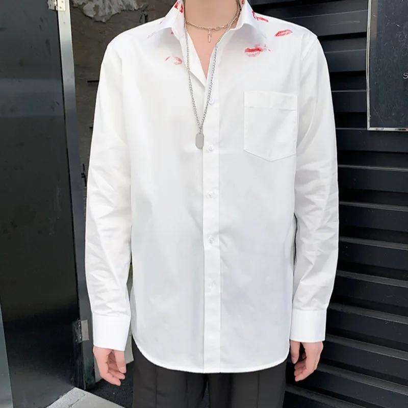 

IEFB Men's Clothing Lipstick Printed White Shirt 2021 Spring Summer New Korean Streetwear Fashion Long Sleeve Tops 9Y6060