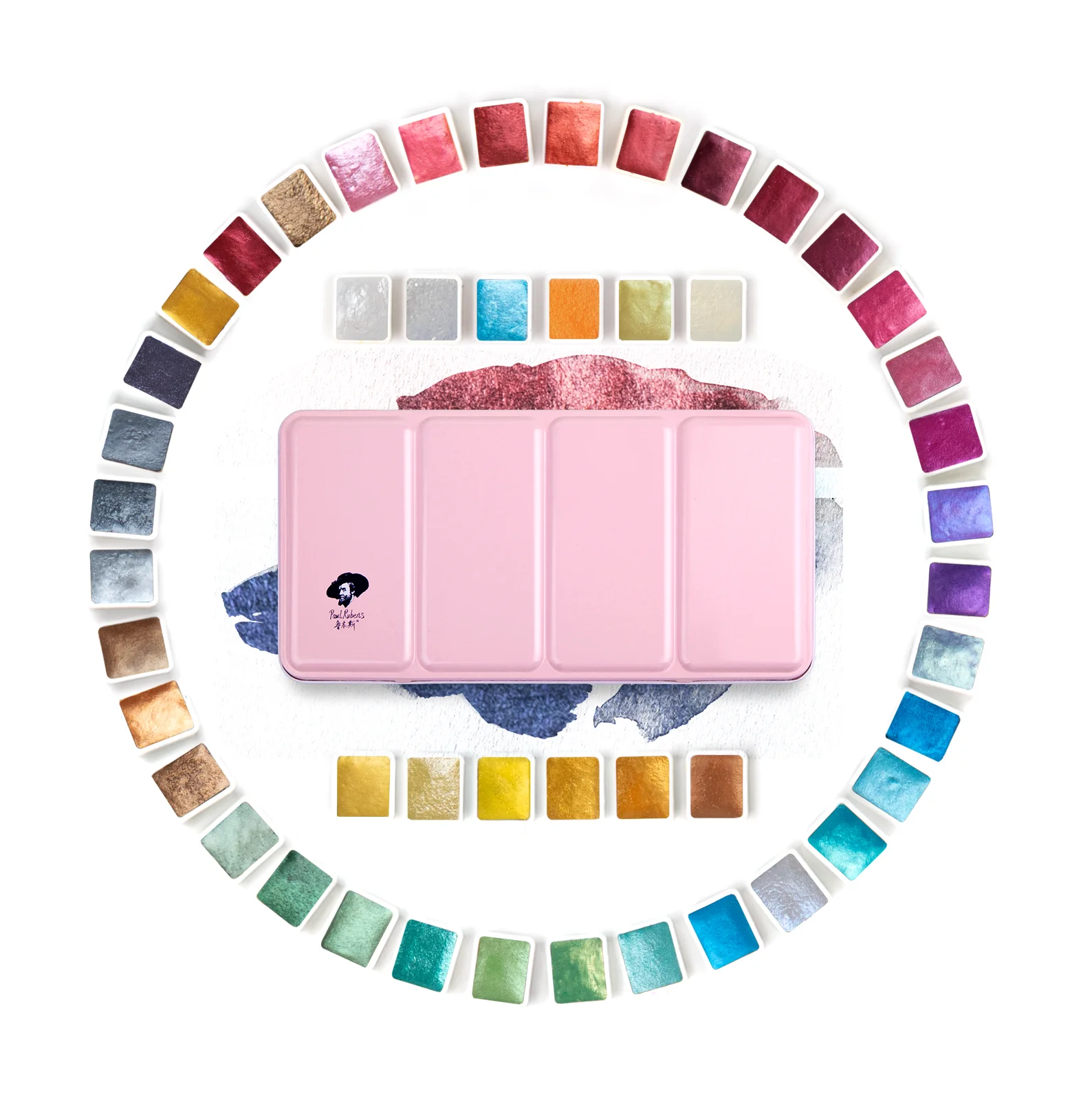 

Rubens 48 Glitter Watercolor Paint Solid Colors Artist Watercolor Paints Pink Portable Metal Case with Palette