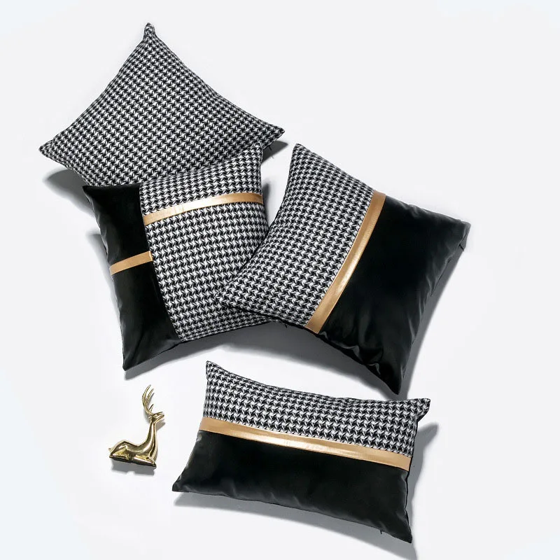 

Houndstooth PU Stitching Pillowcase Living Room Model Room Sofa Cushion Lumbar Pillow Car Pillow