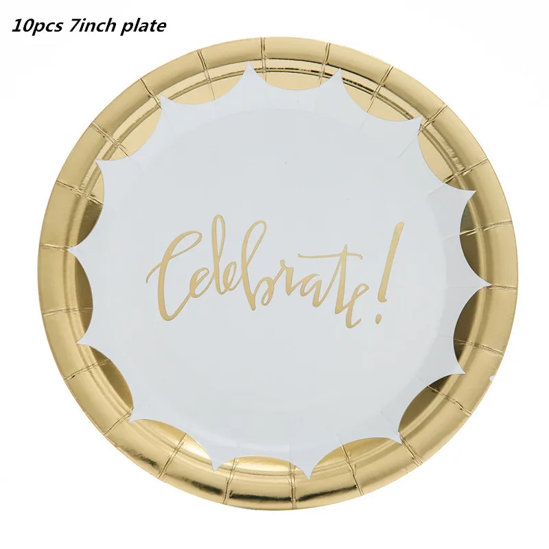 10pcs 7inch plate 10 шт. золотые вечерние одноразовые столовые приборы, чашки шампанского, соломинки, 1st день рождения, вечерние принадлежности для детей - Цвет: 10pcs 7inch plate