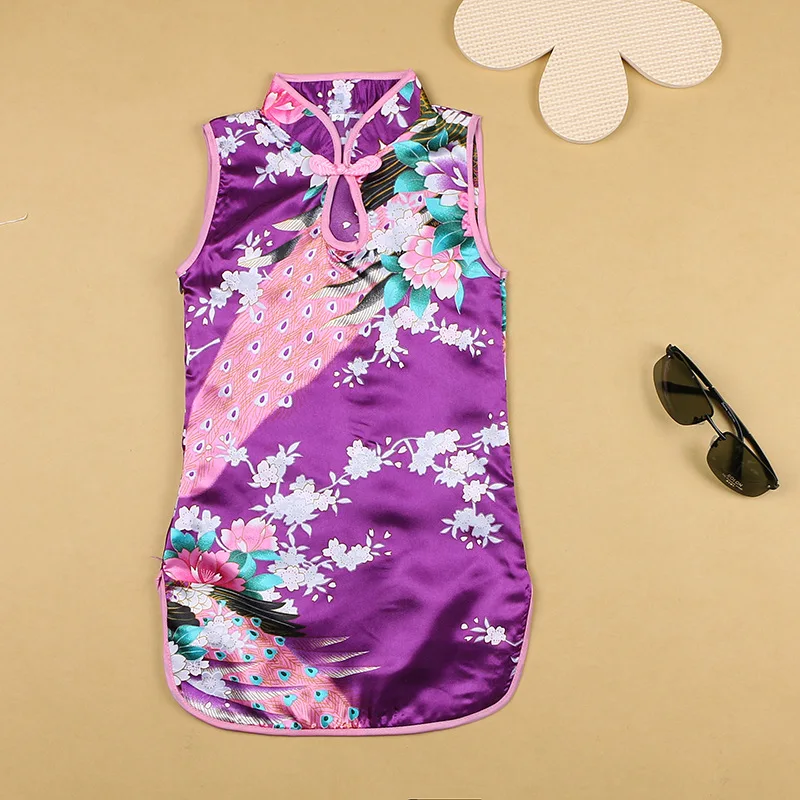 Purple dress 6 цветов Детская безрукавка для девочек восточные винтажные китайские традиционные костюмы Чонсам принцессы Ципао Тан костюм наряд - Цвет: Purple dress
