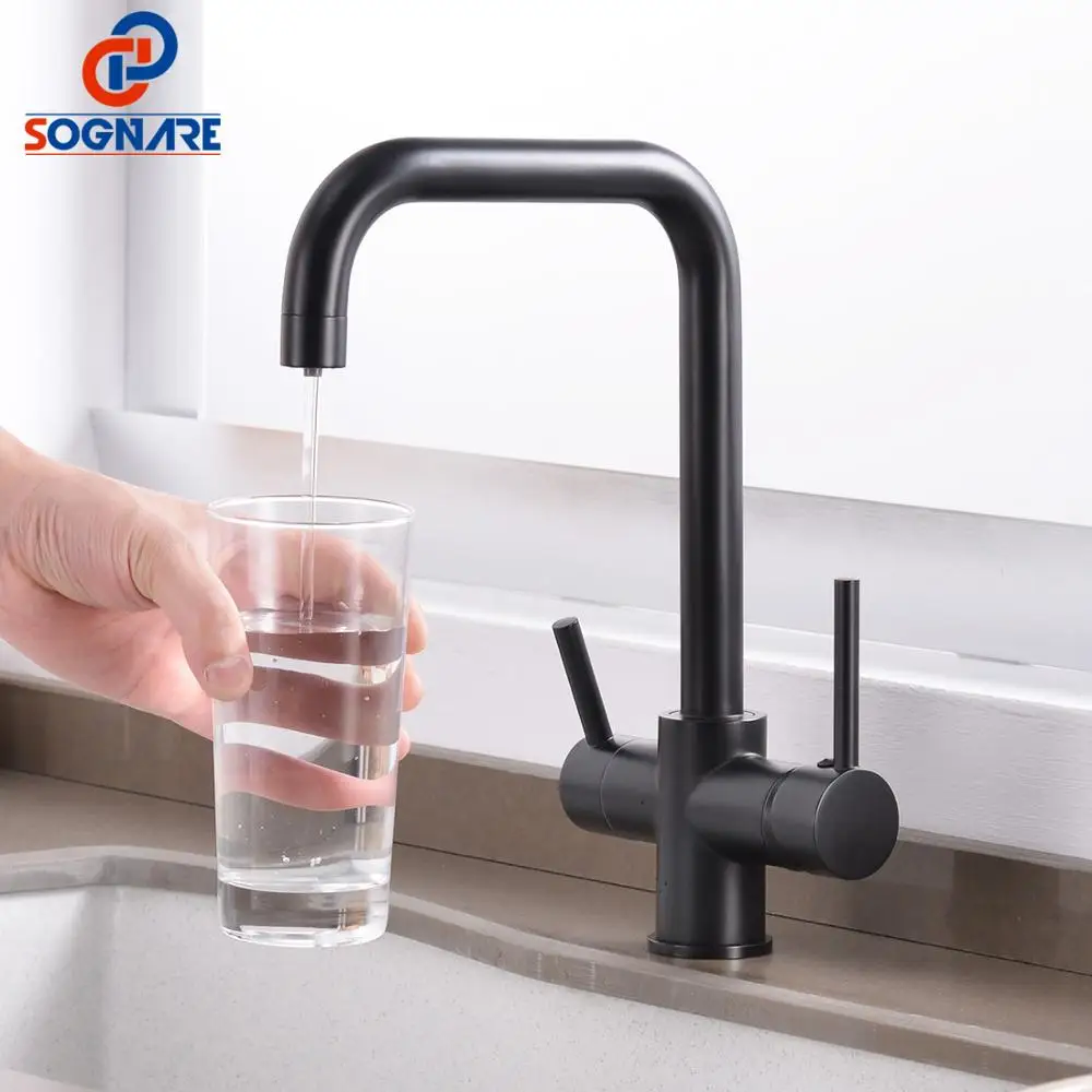 

New SOGNARE Black Kitchen Faucet Drinking Water Filter Faucet Dual Handle Hot Cold 3-way Filter Kitchen Mixer Taps Torneira