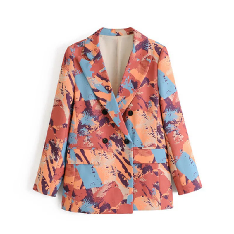 

Street Women Fashion Double Breasted Print Blazer Coat Vintage Long Sleeve Pockets Female Outerwear Chic Tops Loose Casual