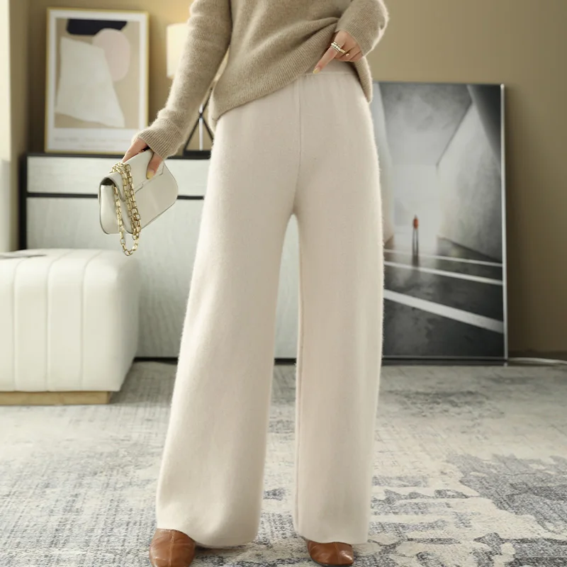 Wide Leg Pants Women's 2021 Autumn Winter New 100 Pure Wool Knitted Trousers Solid Color Loose High Waist All-Match Casual Pants