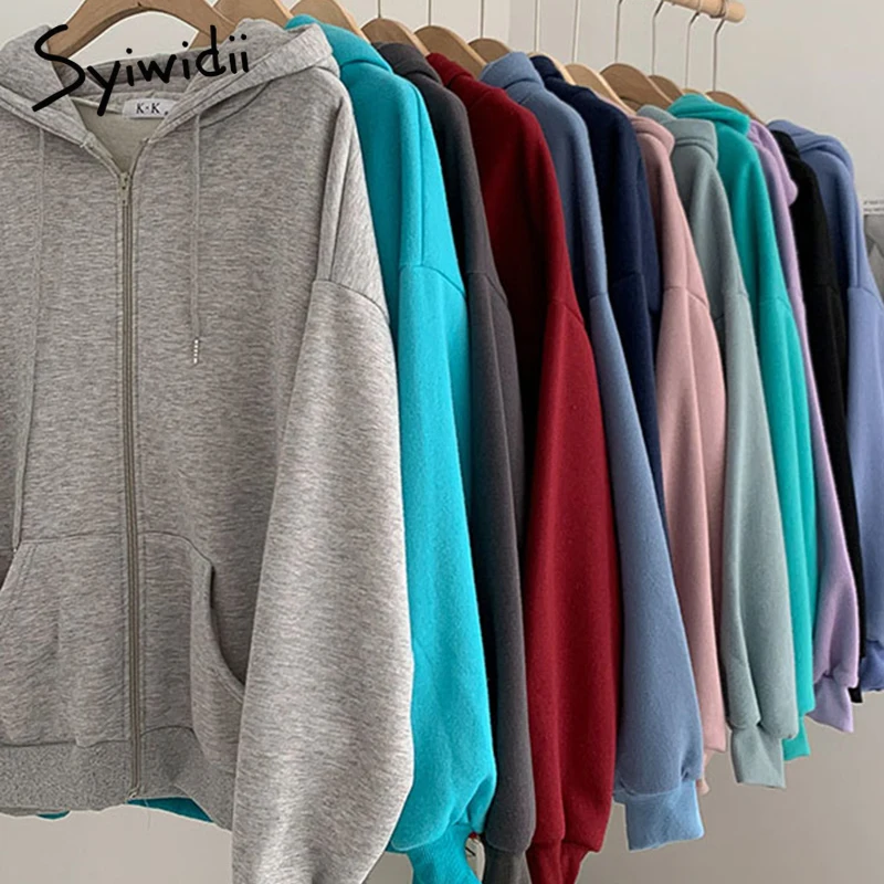 Syiwidii Fashion Fleece Hoodies Women Oversized Sweatshirt Fall 2021 New Long Sleeve Hooded Pockets Zip-up Warm Tracksuit Jacket | Женская
