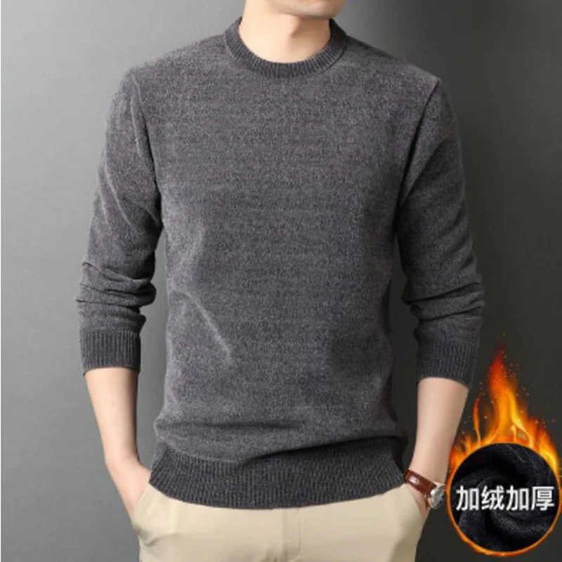 

2021 Autumn and Winter Boutique pullover Sweater Men Loose Bottoming Sweater Round neck Plus Velvet Thick Chenille Warm Sweater