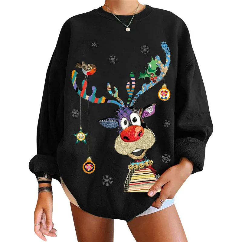 Рождественский свитер женский осенне-зимний пуловер с круглым вырезом свободные