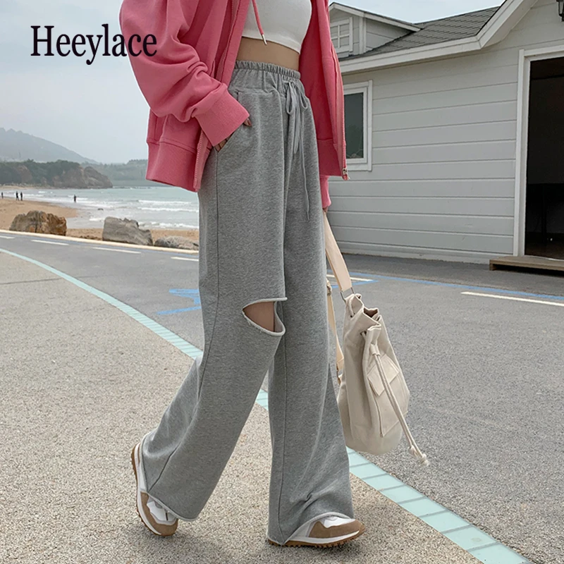 

Women Pants Spring Autumn 2021 New Wide Leg High Waist Sweatpants Jogging Hole Ankle-Length Trousers