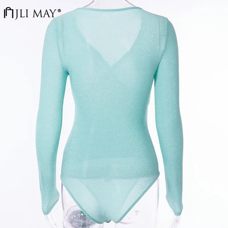 

JLI MAY One Piece Women Bodysuits Autumn Long Sleeve V-Neck Sexy Bodysuit Solid Skinny Casual High Street Women Jumpsuit