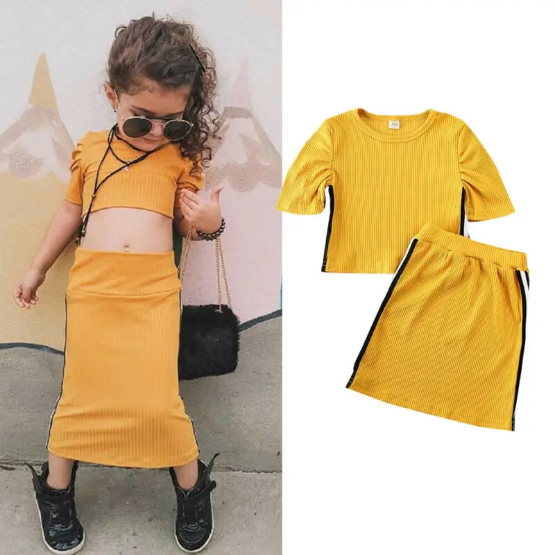 Модная одежда для маленьких девочек однотонный топ с коротким рукавом фонариком