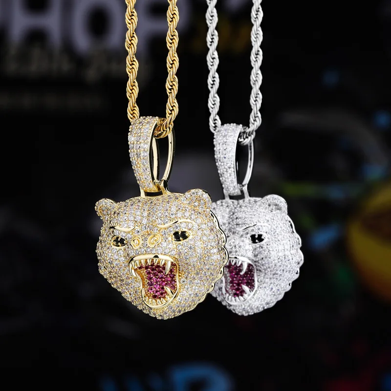 New Fashion Hip Hop Jewelry Beast Bear Animal All Iced Out Pendant Necklace 5mm Tennis Chain Gold Silver Men Rock Jewelry Gift