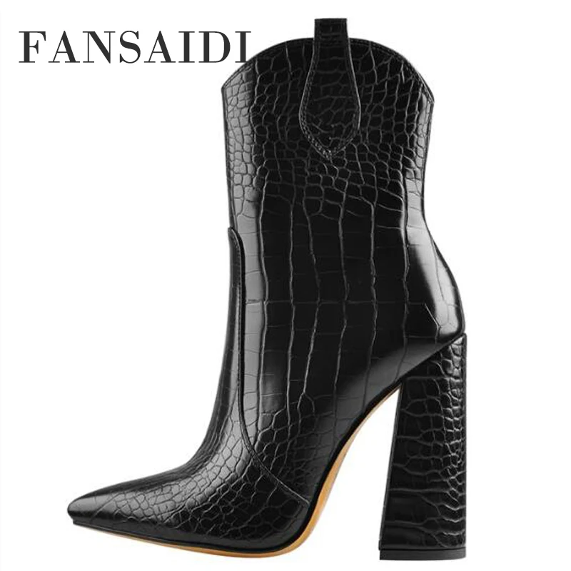 

FANSAIDI Winter Pointed Toe Zipper High Heels Chunky Heels Clear Heels Boots Party Shoes Ankle Boots Ladies Boots 43 44 45