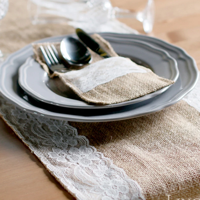 5Pcs Jute Linen Lace Cutlery Bag Prefer Country Decoration Retro Wedding Party Birthday Tableware Supplies Holder | Дом и сад