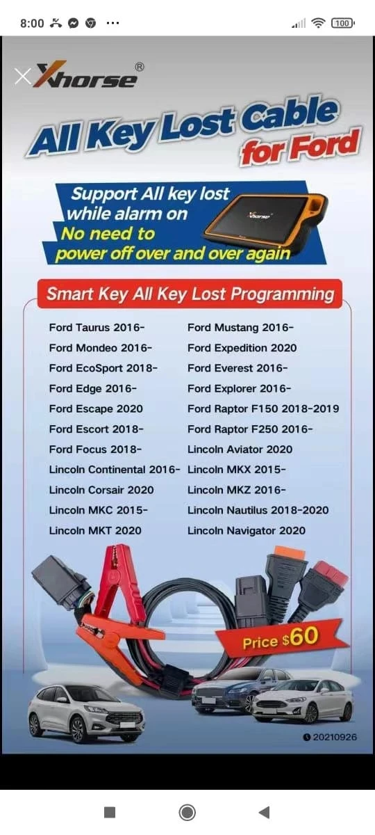 Xhorse XDFAKLGL All Key Lost Cable for 2016-2021 Ford/Lincoln with Active Alarm Smart Work VVDI Tool Plus Programmer | Автомобили и