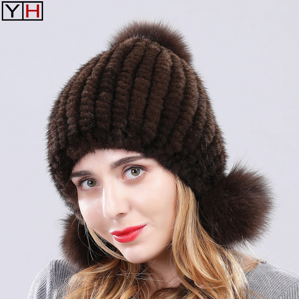 Женская шапка из натурального меха норки зимняя теплая вязаная 100% с помпоном
