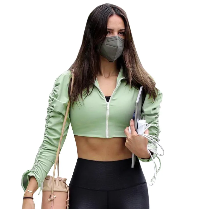 

Casual Fashion Women's Solid Tops Coat Jackets Spring Autumn 2021Drawstring Long Sleeve Zippers Crop Tops Female Streetwears