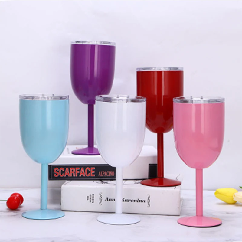 

10oz Wine Glass With Slide Lid Goblet Cup Cold Insulation Wine Cup Stainless Steel Double Wall 9 Colors Stemless Tumbler