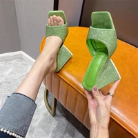 2021 new slippers women summer wear fashion rhinestone triangle with square toe one way high heel sandals and slippers women