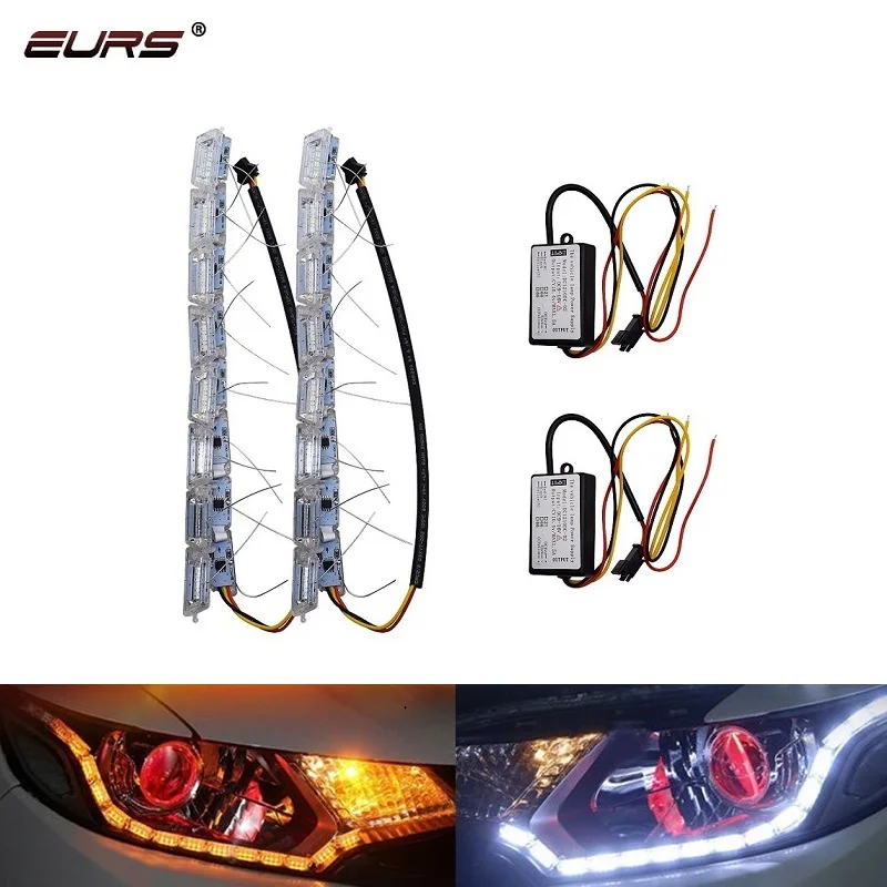 

EURS 2pcs DRL Flexible Crystal LED Strip Daytime Running Lights Turn Signal Flowing Car Auto Front Headlamp 16led white/Amber