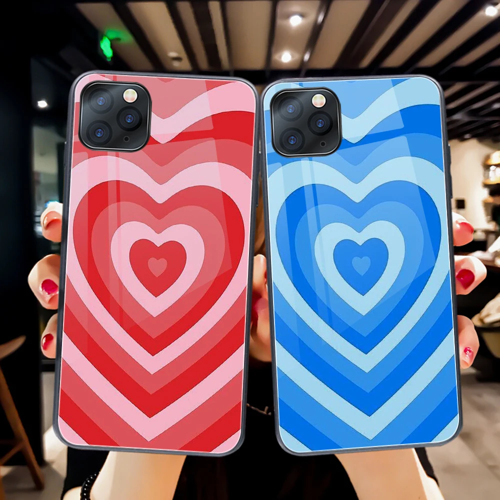 

Color Love Heart Case For iPhone 11 12 Pro Max Mini Cover for iPhone 7 8 6 S X XR XS Max SE 2020 Plus Tempered Glass Phone Funda