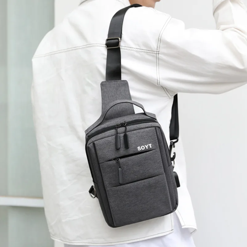 

Многофункциональная Мужская нагрудная сумка с USB-зарядкой для путешествий на открытом воздухе, нейлоновый ранец на плечо, тканевый мессенд...