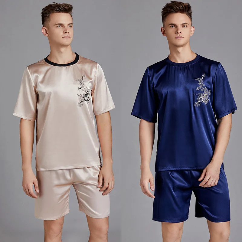 Пижамный комплект Мужской Атласный шелковая пижама с принтом шорты коротким