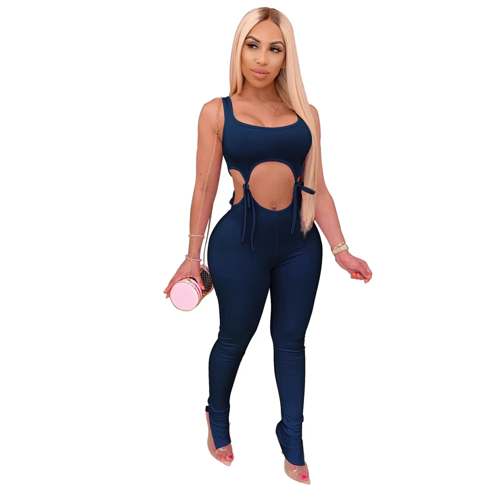 

Bandage Fitness Fashion Women Matching Sets Sleeveless Solid Sporty Workout Two Piece Outfits Skinny Top And Pants Set