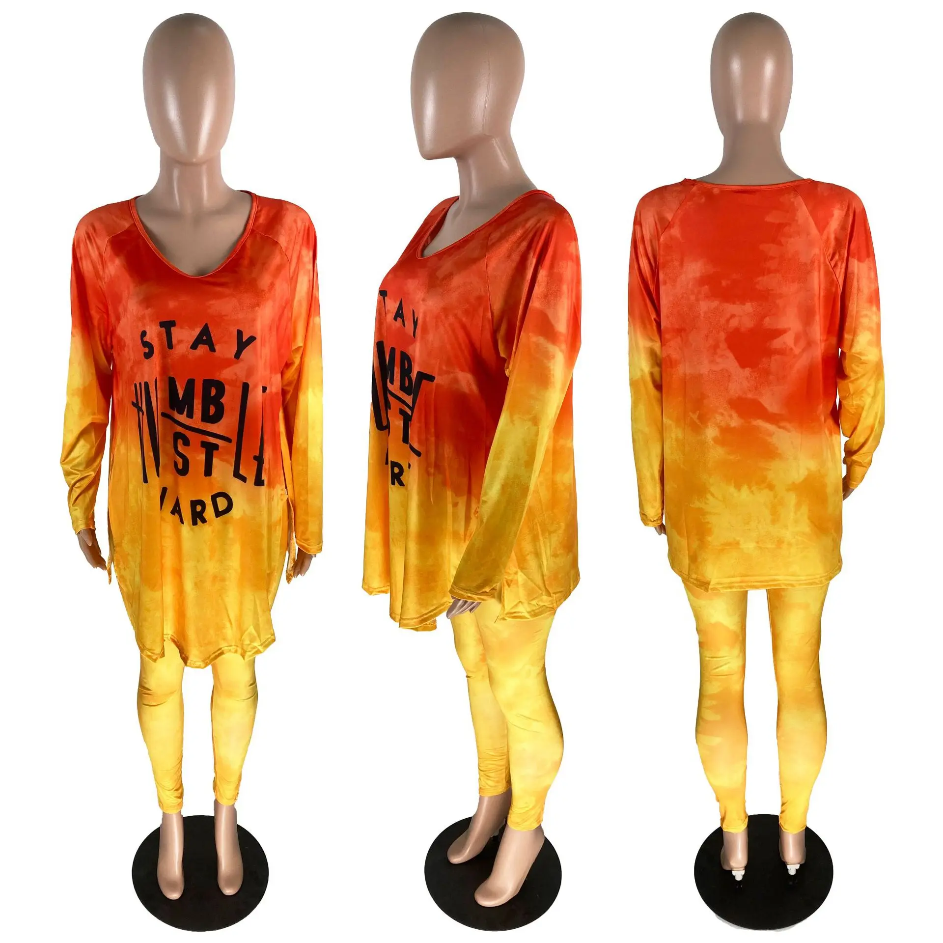 

Kalenmos Plus Size Tie Dye Print Women's Set Letter V Neck Loose Top Jogger Pants Suit Tracksuit Two Piece Set Fitness Outfit