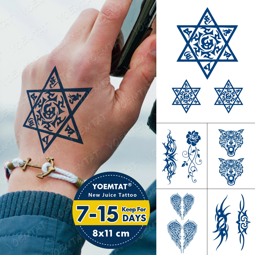 

Juice Ink Lasting Waterproof Temporary Tattoo Sticker Hexagram Tattoos Wolf Wings Totem Body Art Arm Fake Tatoo Women Men