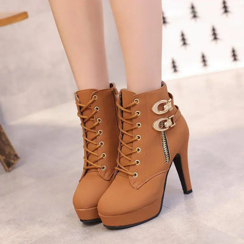 

2018 autumn and winter new waterproof platform stiletto boots super high heel women's shoes belt buckle bare boots
