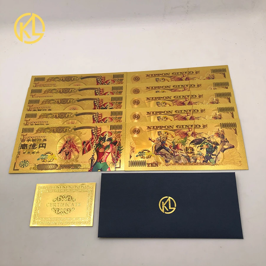 10pcs/lot Japanese Anime Saint Seiya Hyoga Ikki Shiryu Shun Yen Gold Foil Banknote Plastic Cards for Collection and Gift