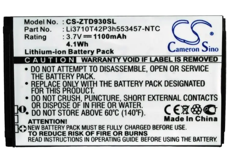 Кэмерон китайско 1100 мА/ч Батарея для крикета хорового пения или D930 ZTE Li3710T42P3h553457 NTC
