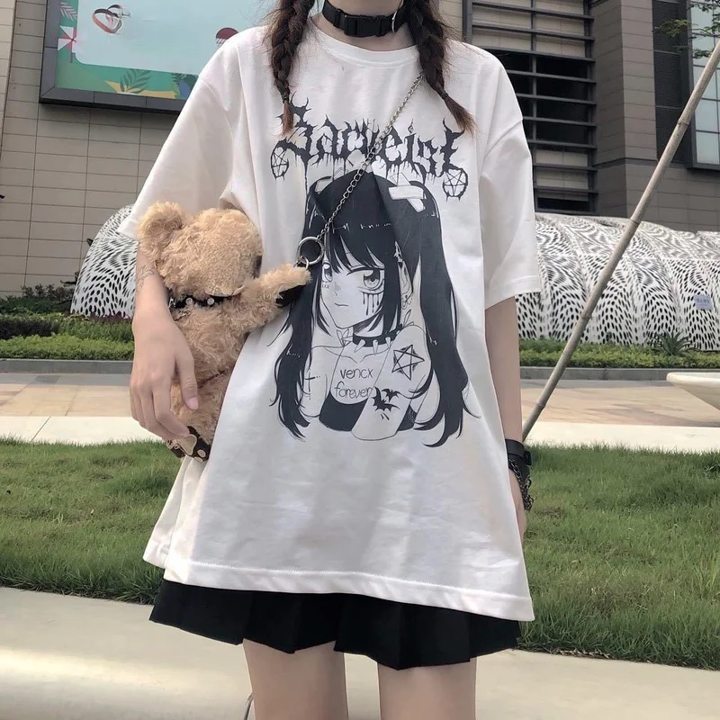 

Женская футболка QWEEK в стиле аниме, японская манга Харадзюку, белая футболка с милым принтом, лето 2021, уличная одежда, корейская мода