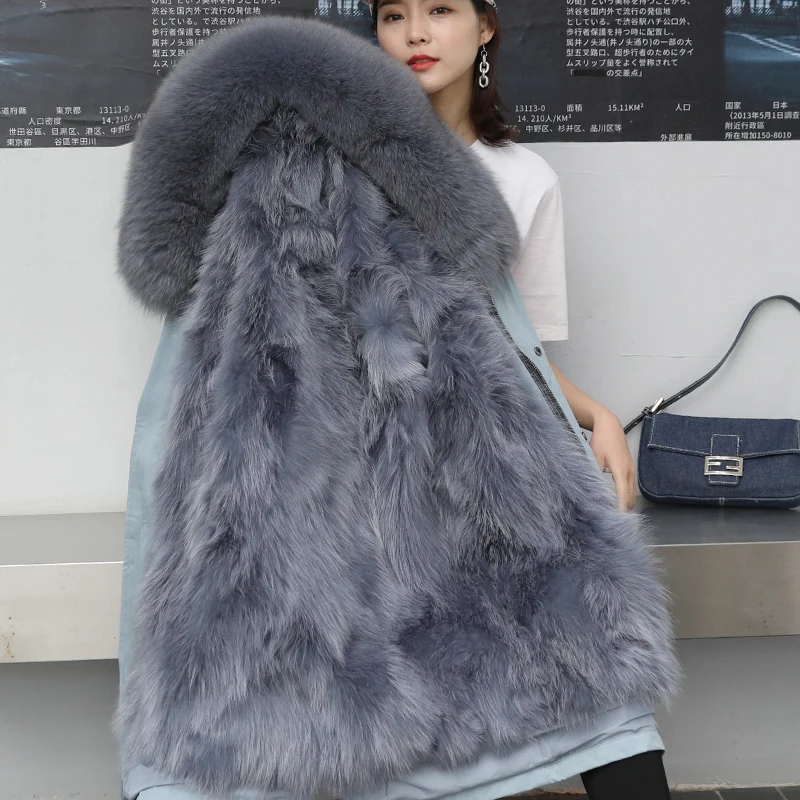 2020 New Fashion Winter Women's Real Fur Coats Plus Size Hat Parkas Detachable Fur Liner Middle Long Female Jackets Casual