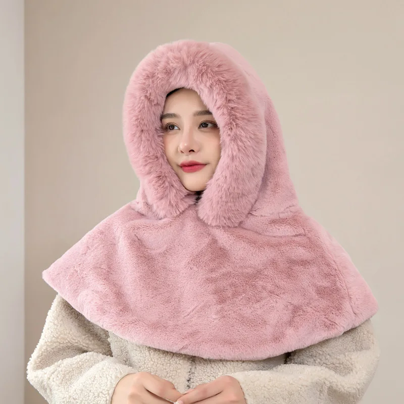 

Women Pure Color Plush Bib Hat One Autumn And Winter Thickened Cold Protection Ear Protection Warm Fur Hat S2579