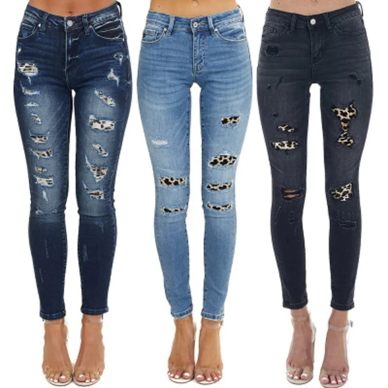 

High Waist Skinny Slim Denim Jeans For Women Ripped Hole Leopard Patchwork Pencil Pants Jeans